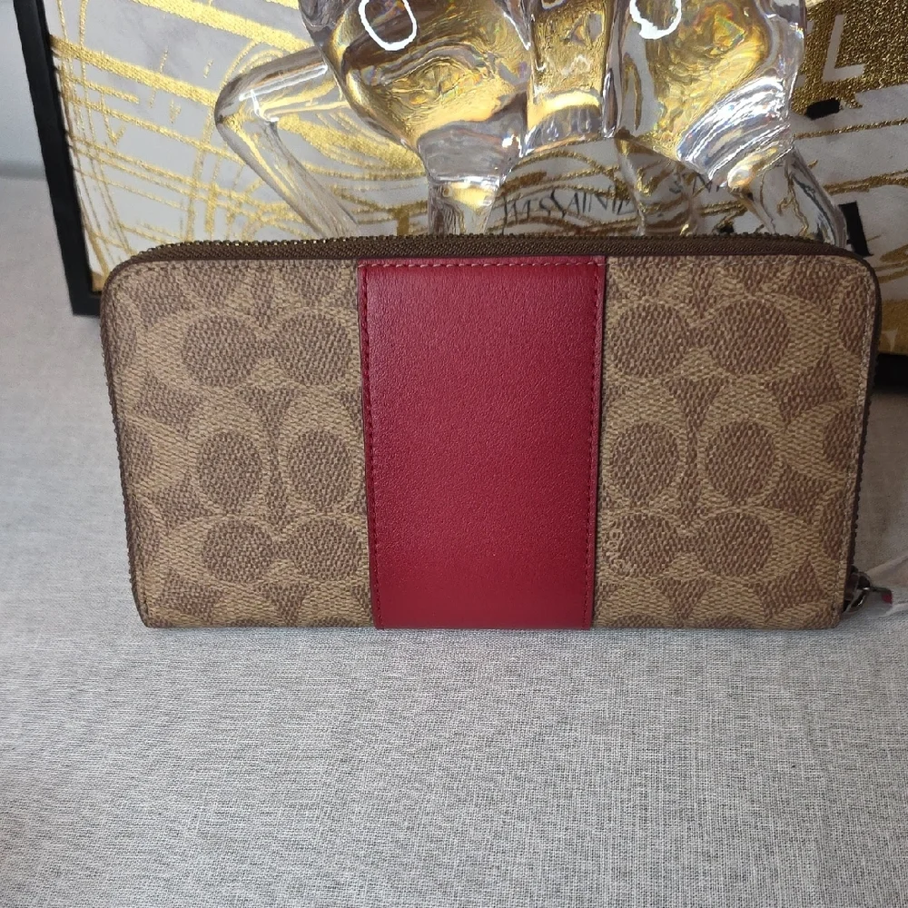 Coach Signature Brown and Red Zip Wallet - Picture 3 of 8